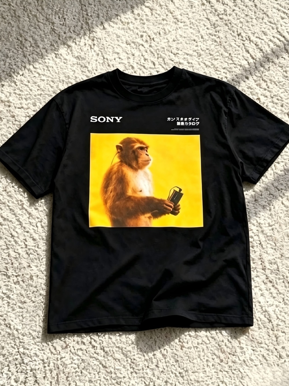 Retro Sony Monkey Walkman Yellow Square Print Black Graphic T-shirt Unisex